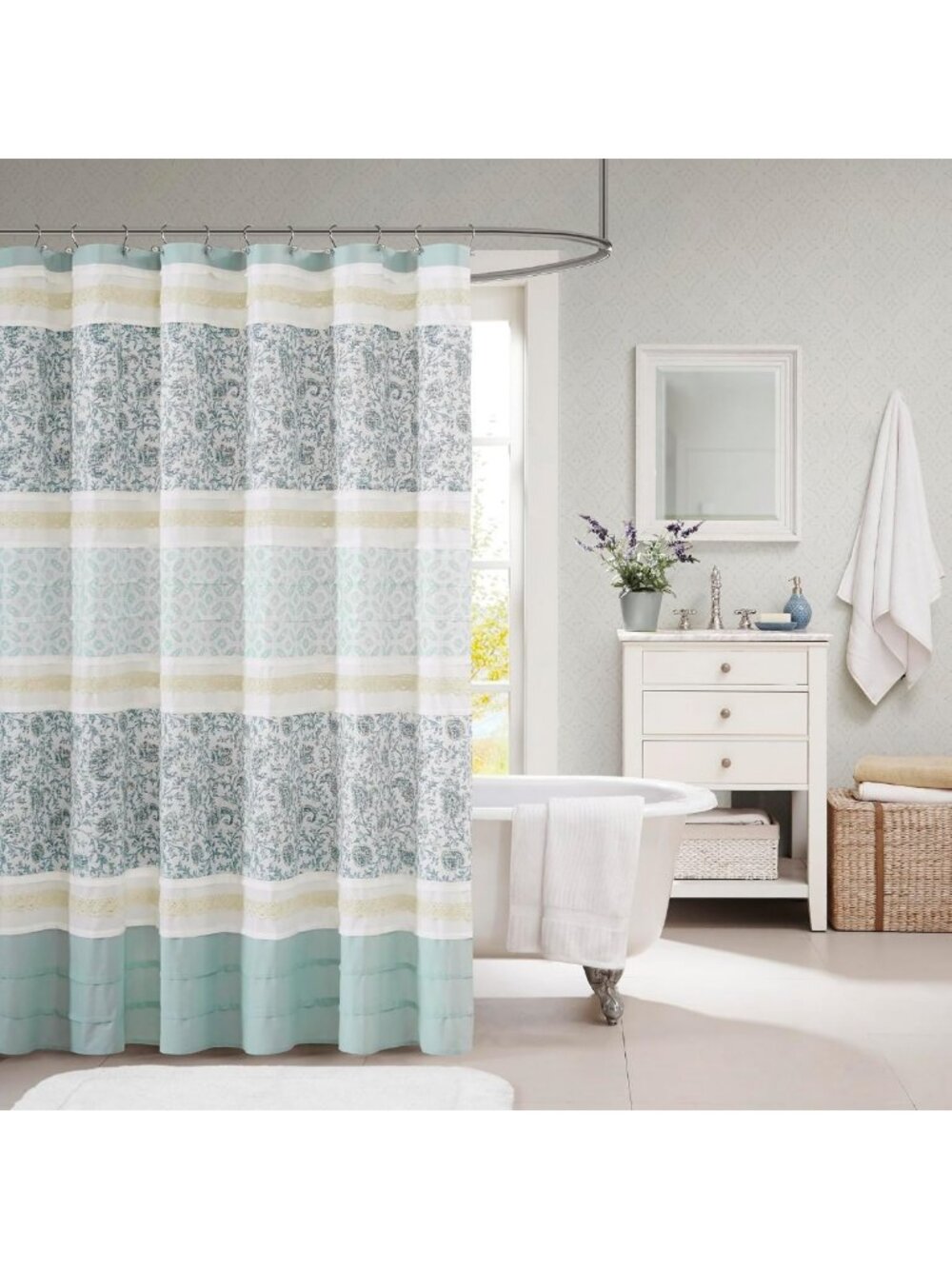 Chic Aqua Cotton Shower Curtain, 72"x72", Shabby Style Bathroom Decor